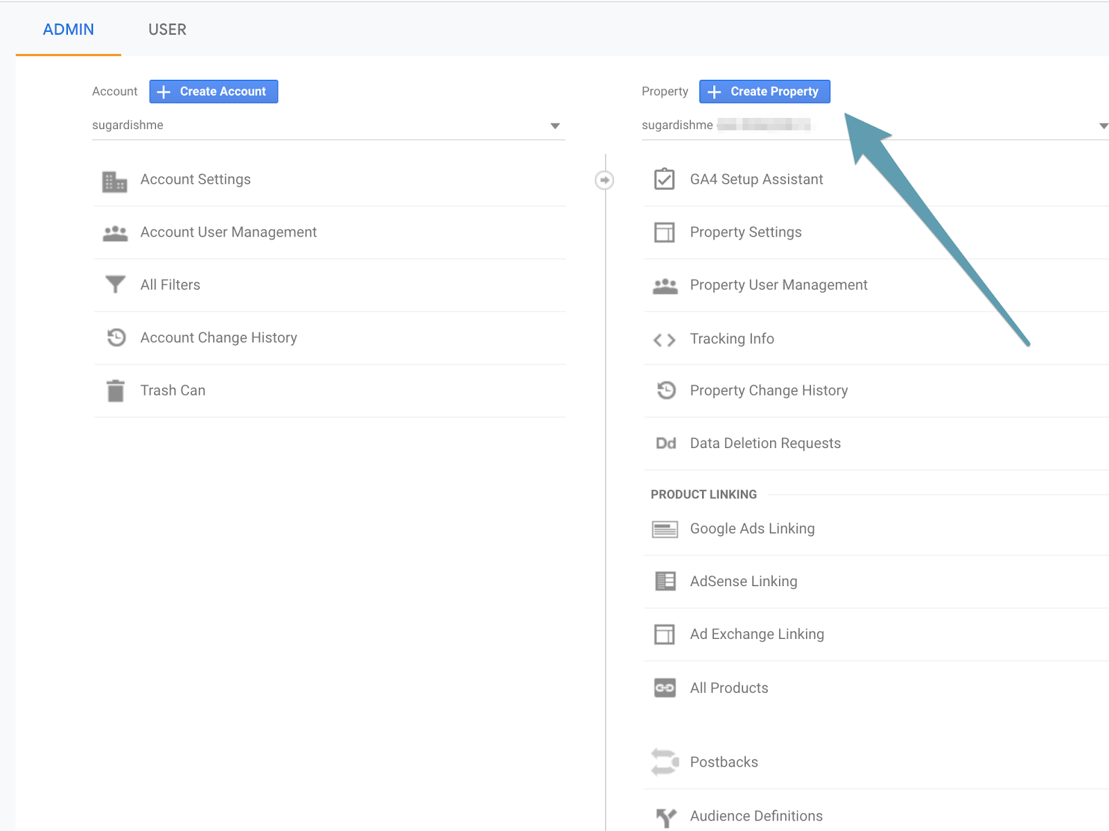 Abra o Google Analytics e visite Admin - Propriedade