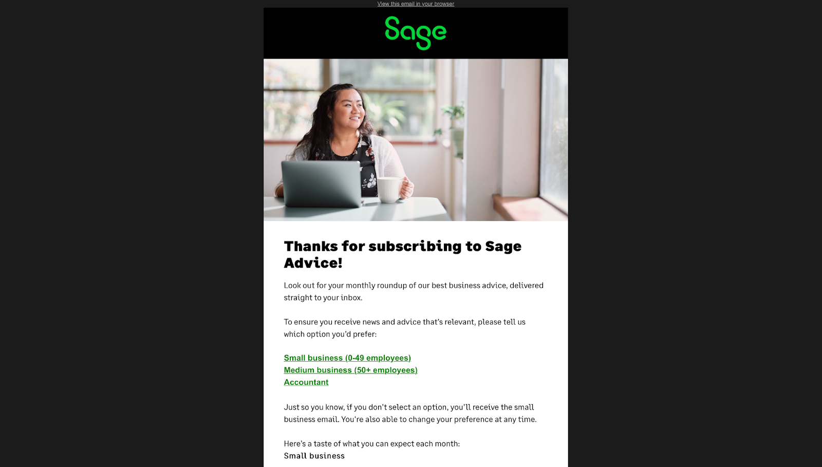 Capture d&#39;écran de la newsletter d&#39;intégration de Sage