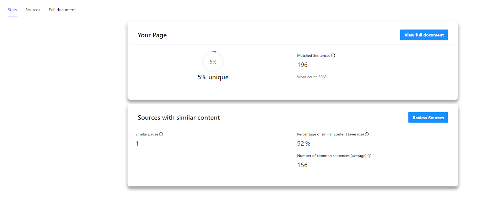 Ang pag-click sa page na pinag-uusapan ay magdudulot ng dialogue box na may mas detalyadong breakdown ng paglabag. Tulad ng makikita sa ibaba, mayroong 156 na tugmang pangungusap sa pagitan ng dalawang pahina, na higit pa sa pagkakatulad ng nilalaman.