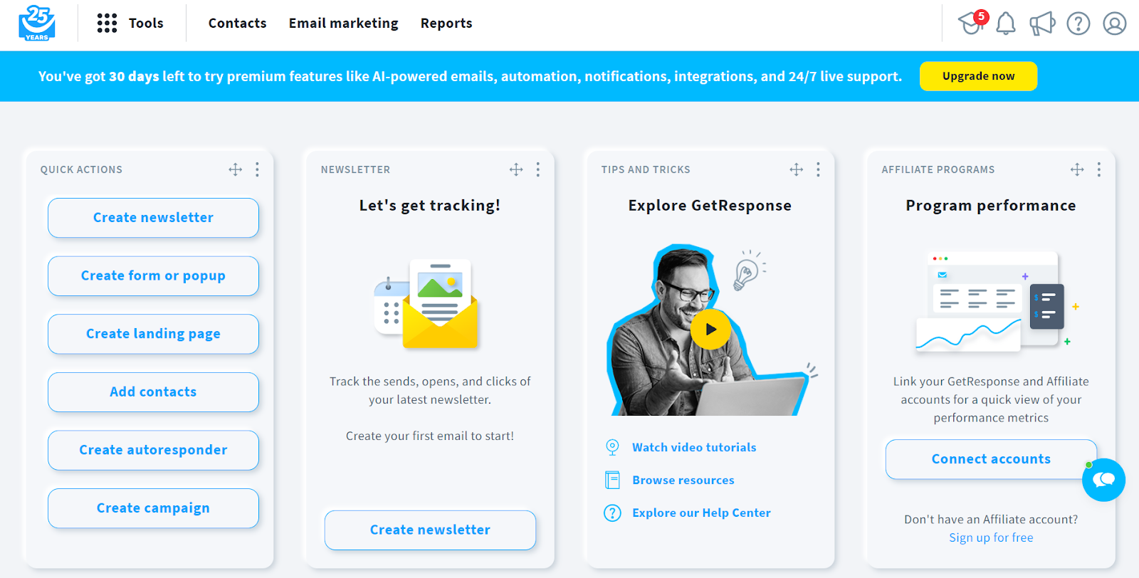 GetResponse’s dashboard contains easy-to-use templates for various forms of email marketing.