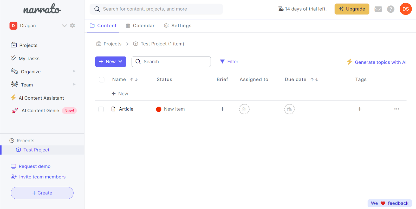 Narrato dashboard