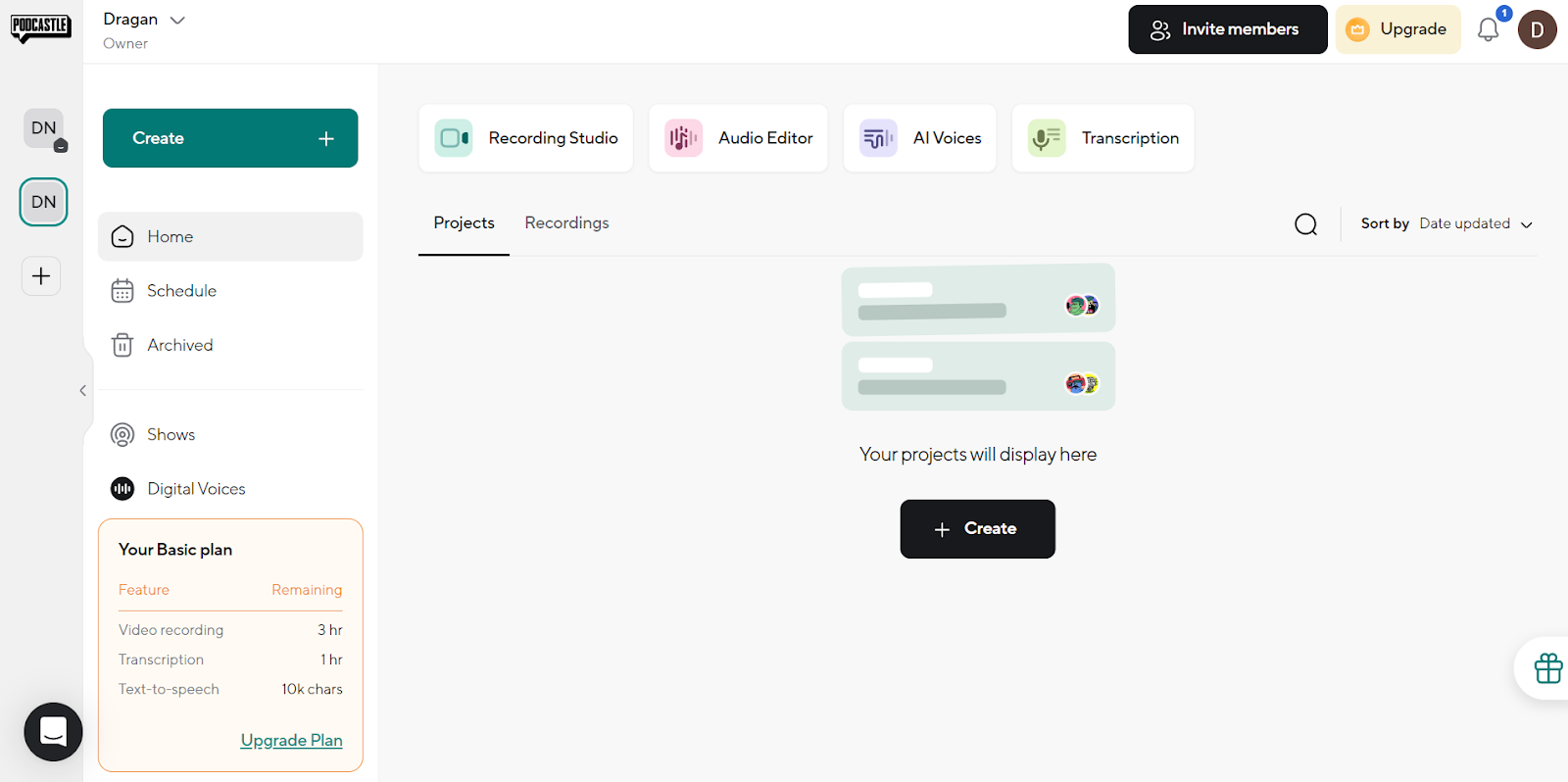 A screenshot of Podcastle’s main dashboard, with dedicated tabs for recording, audio editing, AI voice generation and transcription.