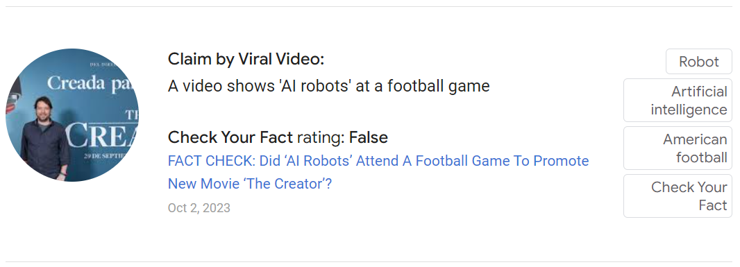 Ein Screenshot, der bestätigt, dass es sich bei den „Robotern“ im SoFi-Stadion in Los Angeles um Schauspieler handelte, die für den Film „The Creator“ Werbung machten.
