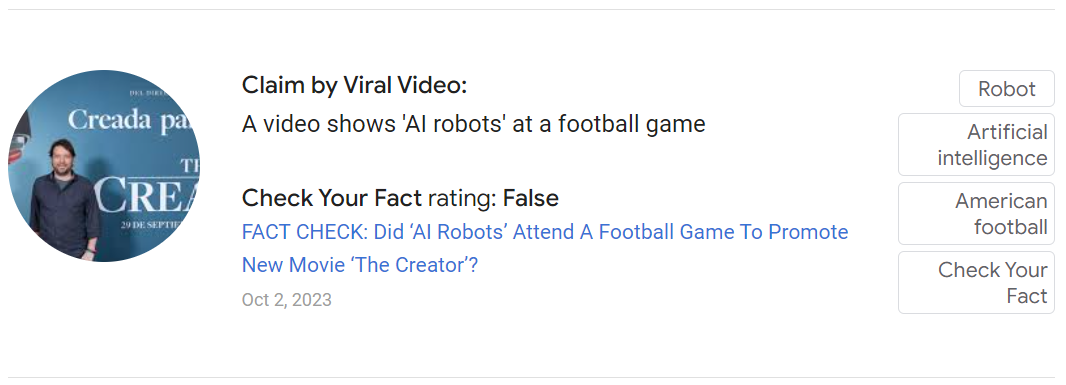 A screenshot confirming that “robots” at Los Angeles’ SoFi Stadium were actors advertising the film The Creator.