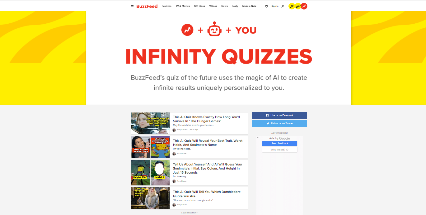 Eine ganze BuzzFeed-Seite, die KI-generierten Quizzen gewidmet ist.