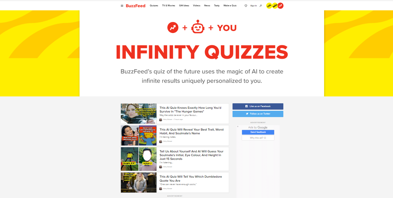 Une page BuzzFeed entière dédiée aux quiz générés par l&#39;IA.