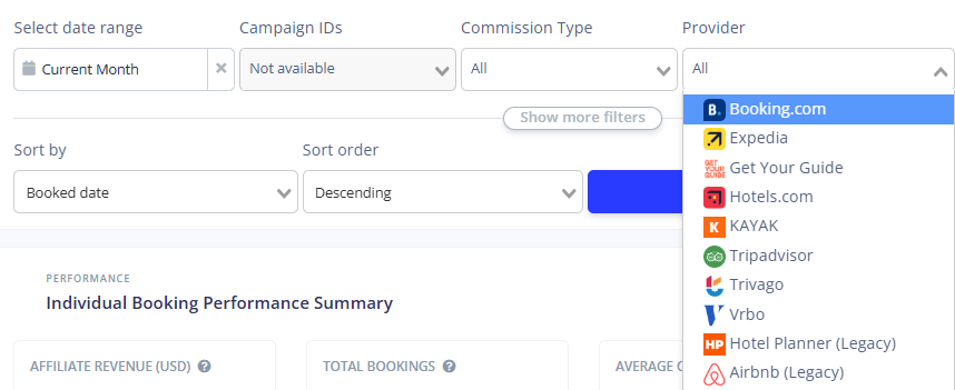 choose the commission type, which is to say, CPA or CPC, and also look up the commission received from each supplier, such as Booking.com, Expedia, AirBnB, etc.