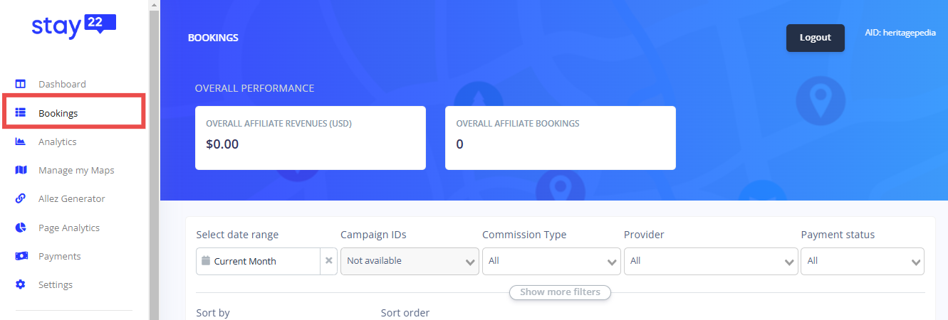 While the dashboard tab gives a top-level view of bookings, the Bookings tab lets publishers examine the numbers that matter.