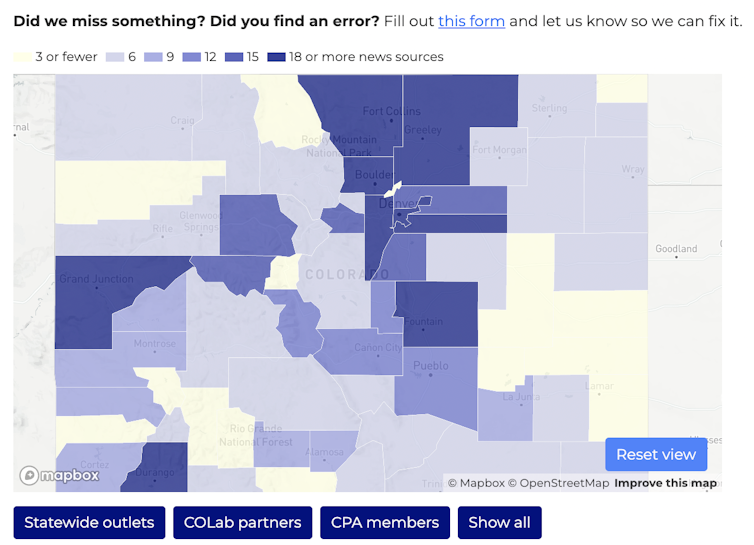 A screenshot of the map of Colorado’s news and information sources. To interact with the map