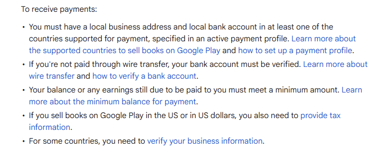 google play books conditions for receiving payment