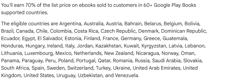 google play books earn a 70% revenue split for sales in 60+ countries